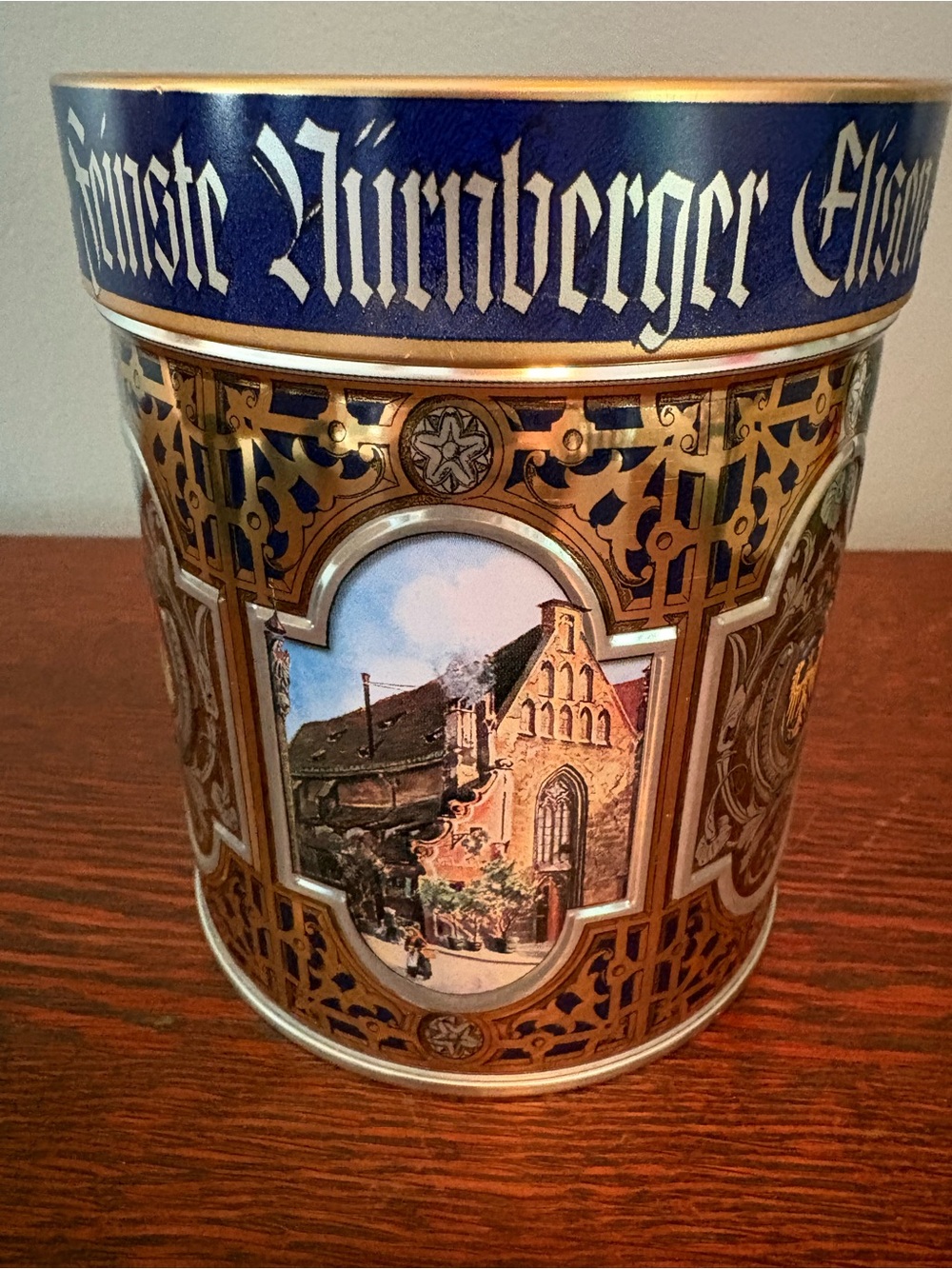 Highly Collectable Nürnberger Emailliered Gold & Blue Decorative Tin Canister